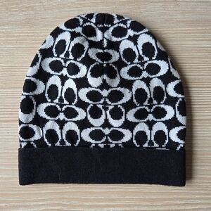 Coach Signature C Merino Wool Knit Beanie OS Black Ivory